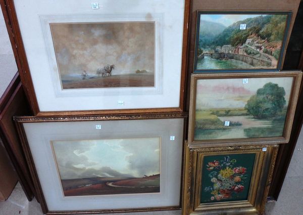 A group of assorted watercolours and one oil still life, including a village scene by Walter Sweet, a Plough Team by Victor Burnan and others.(qty)