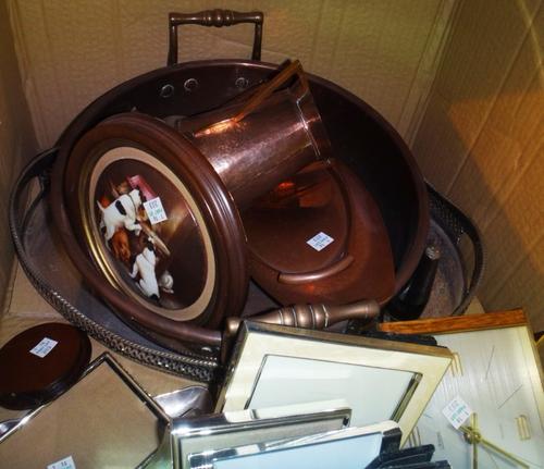 A quantity of metalware, including copper and brass, silver plated items, trays, a sugar caster, a twin handled pan and sundry.