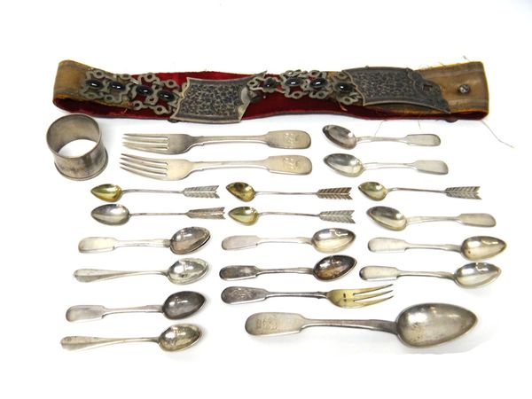 Russian wares, comprising; a napkin ring, a small fork, two pairs of coffee spoons, eight fiddle pattern teaspoons, two fiddle pattern dessert forks,