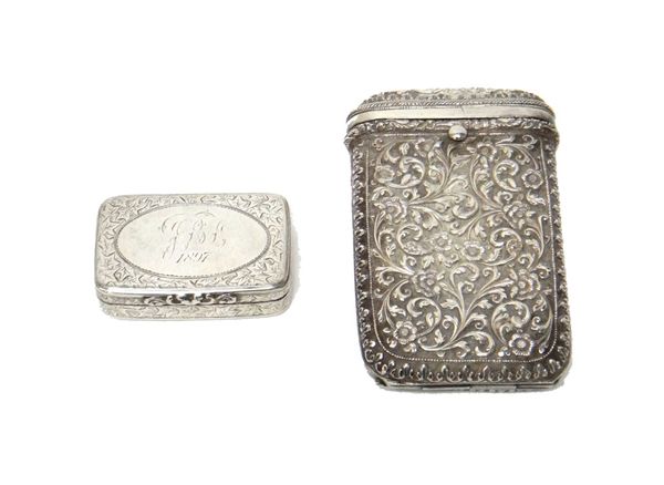 An Eastern curved rectangular hinged cigarette case, decorated with floral scrolls, probably Indian and a Victorian rectangular silver snuff box, the