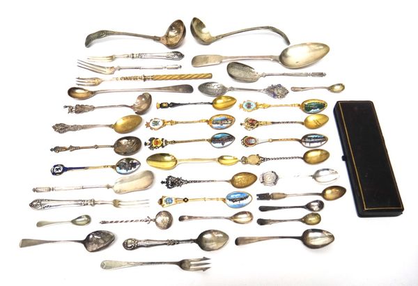 A silver gilt Victorian double ended medicine spoon, with engine turned decoration, London 1856, a fiddle pattern tablespoon, London 1814, a set of th