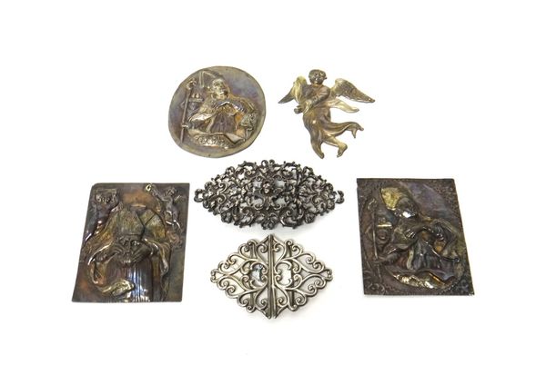 A European lady's two piece waistbelt buckle, cast and pierced with a cherub and scrolls, detailed 800, a Victorian silver two piece waistbelt buckle,