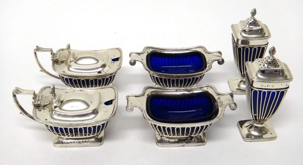 A silver composite six piece condiment set, comprising; two mustard pots, Birmingham 1925 and 1927, two urn shaped pepperettes, Birmingham 1924 and 19