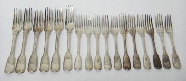 Silver fiddle and thread pattern table flatware, comprising; six table forks and eleven dessert forks, mixed 19th century dates, combined weight 1140