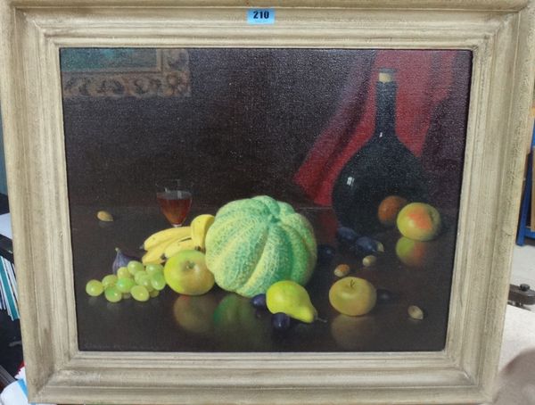 Owen Ramsay (20th century), Still life of fruit, glass and wine bottle, oil on canvas, signed and dated '63.