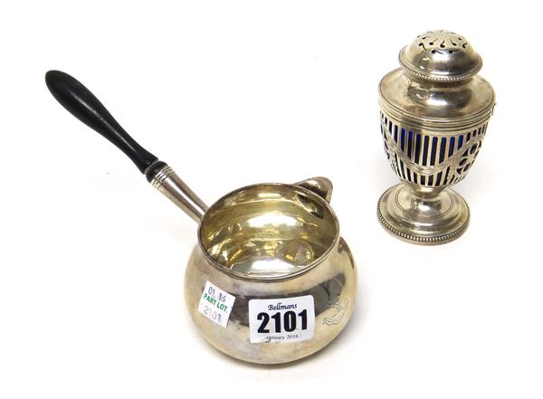 A Victorian silver brandy saucepan, with a wooden handle (the cover lacking), London 1885 and a silver sugar vase and cover, with pierced and engraved