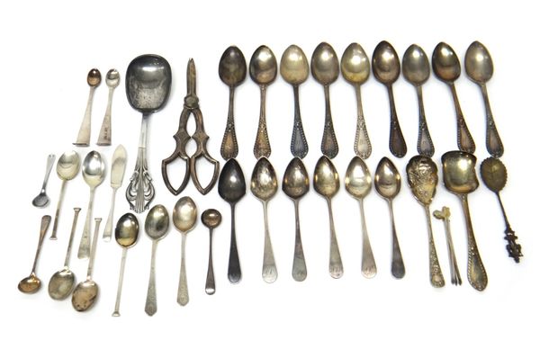 Silver flatware, comprising; nine Scottish Victorian large teaspoons, having cast decoration to the handles, Glasgow 1872, a preserve spoon in a simil