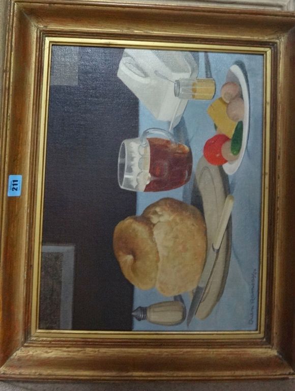 Owen Ramsay (20th century), Still life of tankard, bread and cheese, oil on canvas, signed and dated '64.