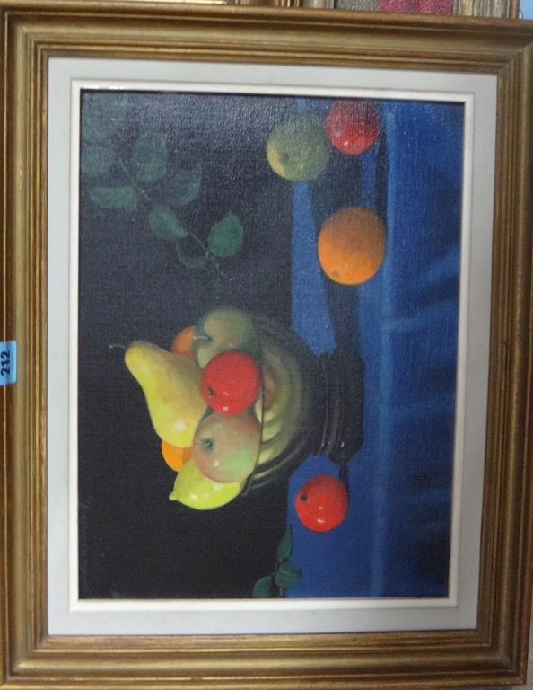 Owen Ramsay (20th century), Still life of fruit on a blue table cloth, oil on canvas, signed and dated '63.