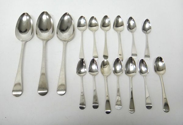 Silver table flatware, comprising; three Old English pattern tablespoons, London 1809, six Old English pattern teaspoons, probably London 1810 and sev