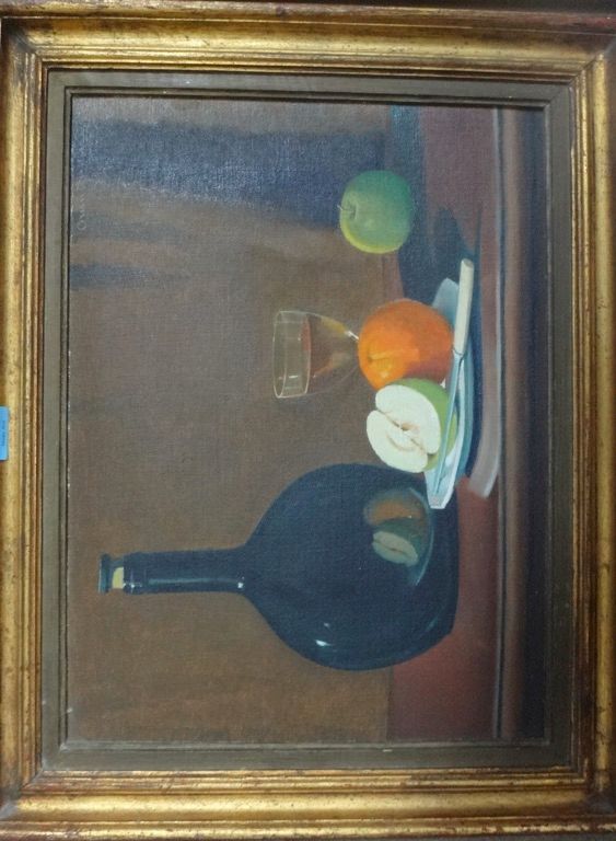 Owen Ramsay (20th century), Still life of apple, orange and wine bottle, oil on canvas, signed and dated '63.