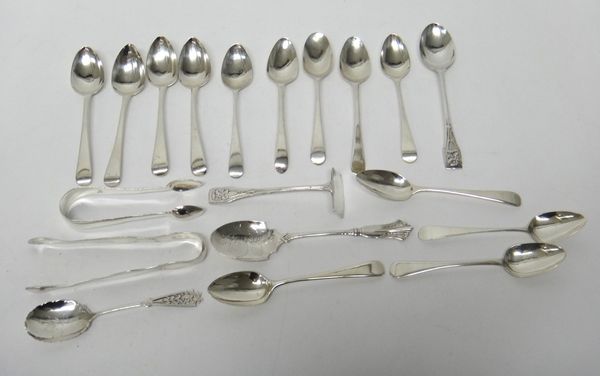 Silver, comprising; four Old English pattern teaspoons, probably London 1818, nine further silver Old English pattern teaspoons, a child's pusher and