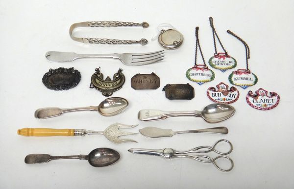 Silver and silver mounted wares, comprising; a pair of Victorian grape scissors, Birmingham 1868, a butter knife, a pair of sugar tongs, a bread fork,