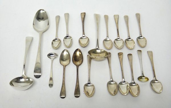 Silver Old English pattern table flatware, comprising; a pair of George III sauce ladles, London 1787, a bottom marked tablespoon, six teaspoons, prob