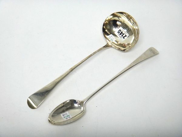 Silver, comprising; an Old English pattern soup ladle, London 1806 and an Old English pattern basting spoon, London 1787, combined weight 241 gms.