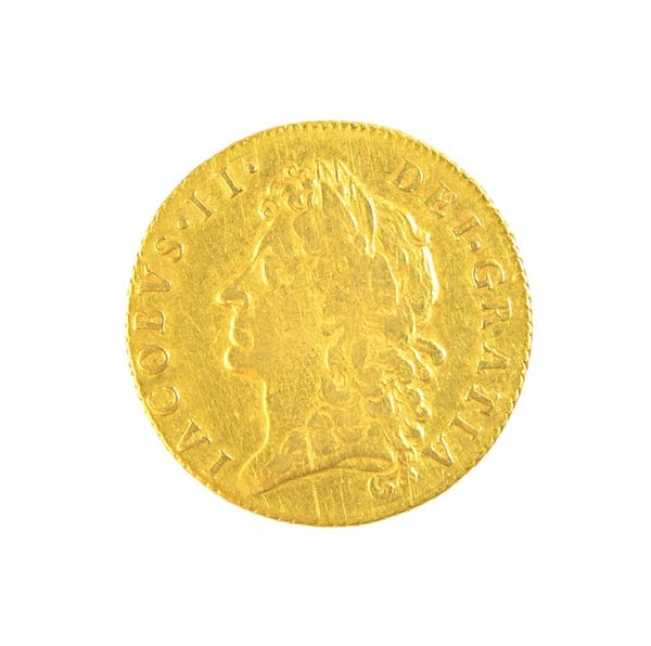 A James II guinea 1685, with traces of prior mounting to the rim at the top, with a 9ct gold pendant frame and loop fitting.  Illustrated