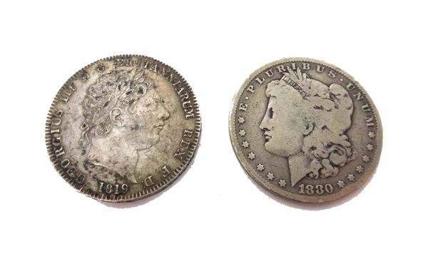 A George III crown 1819 and a U.S.A Morgan dollar 1880.