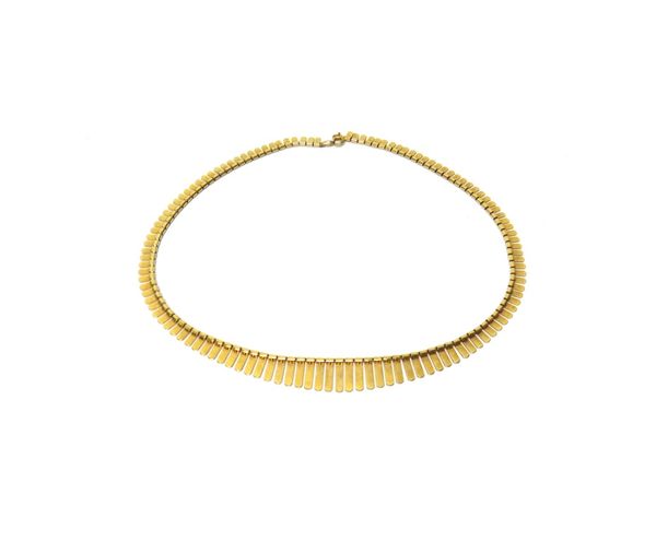 A 9ct gold collar necklace, in a graduated bar shaped link design, with a textured and facet cut finish, on a boltring clasp, weight 20 gms.