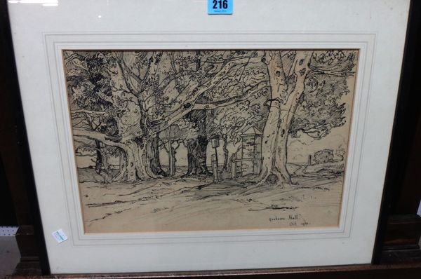 Grahame Hall (Claude Muncaster 1903-1974), Ebernoe, pen and ink, signed and dated Oct 1922