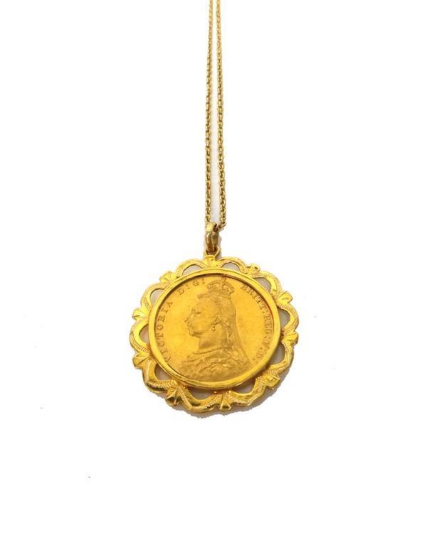 A Victoria Jubilee head sovereign 1887 M, in a gold pendant mount, with an oval link neckchain, on a clip shaped clasp, combined weight 13.5 gms.