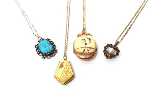 A gold back and front oval pendant locket, with a neckchain, a kite shaped gold back and front pendant locket, with a neckchain and two further pendan