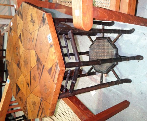 An octagonal faux bamboo and inlaid occasional table.