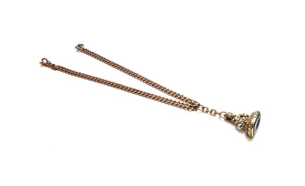 A 9ct gold curb link watch Albert chain, fitted with a 9ct gold swivel, converted for use as a neckchain, with a bloodstone set pendant fob seal, deco