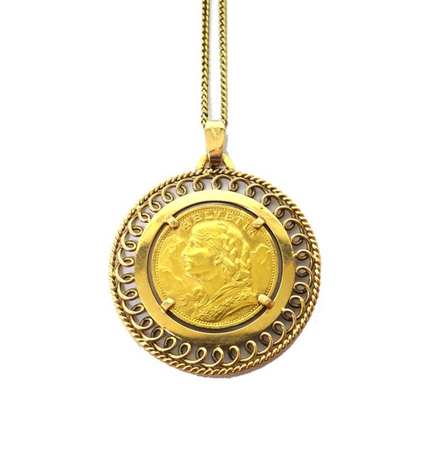 A Swiss gold twenty francs 1927, in a gold pendant mount, fitted to a gold curb link neckchain, on a boltring clasp, the clasp detailed 18 K, combined