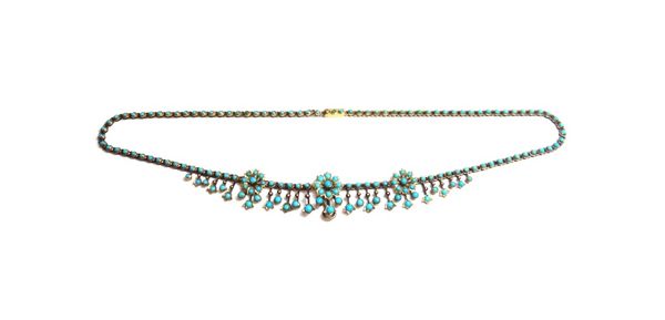 A gold and turquoise set collar necklace, circa 1900, the front with three flowerhead shaped motifs and with a fringe of pendant drops, set throughout