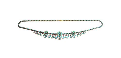 A gold and turquoise set collar necklace, circa 1900, the front with three flowerhead shaped motifs and with a fringe of pendant drops, set throughout
