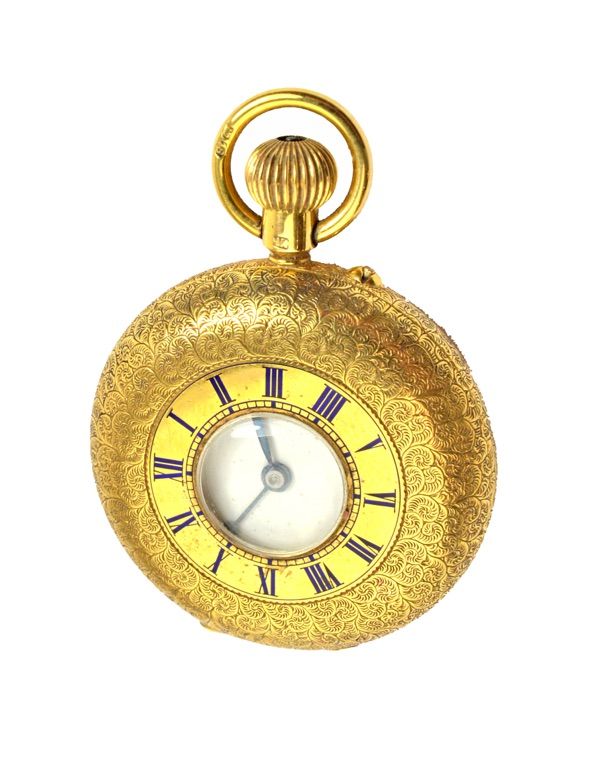 A lady's 18ct gold cased keyless wind, half hunting cased fob watch, the enamelled dial with black Roman numerals and with blued steel hands, the case