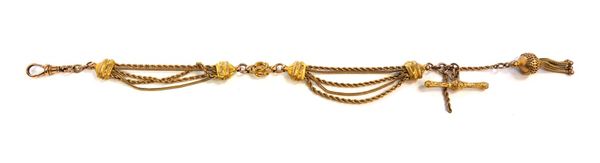 A gold multiple link dress Albertine, fitted with a T bar, a pendant tassel and a boltring, detailed 9 C, weight 12.5 gms.