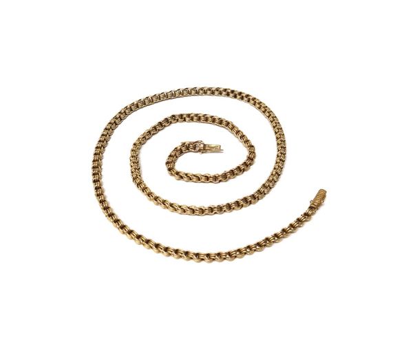 A gold neckchain, in a triple circular link design, on a snap clasp, with foldover safety catches, weight 32 gms.