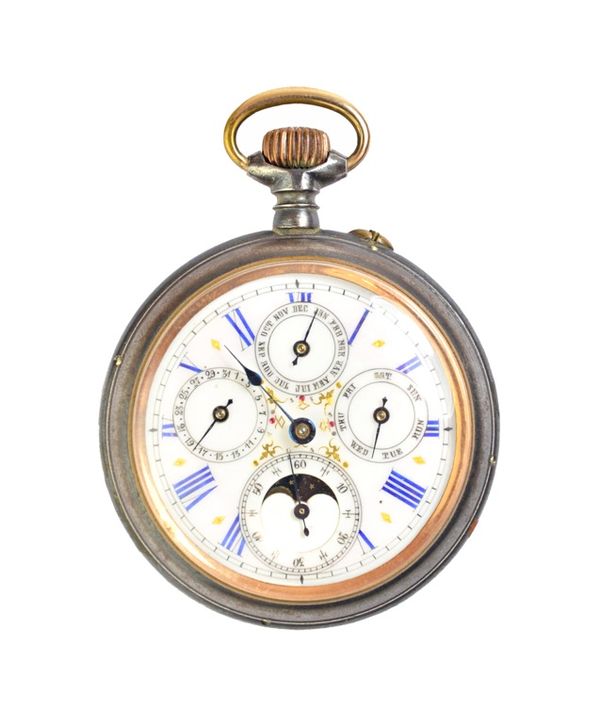 A gentleman's gun metal cased, keyless wind, openfaced calendar pocket watch, with an unsigned gilt jewelled lever movement, the enamelled dial with b