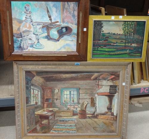 Rolf Nielsen (20th century), Interior, oil on canvas, signed, together with a further oil still life and a landscape by other hands.(3)