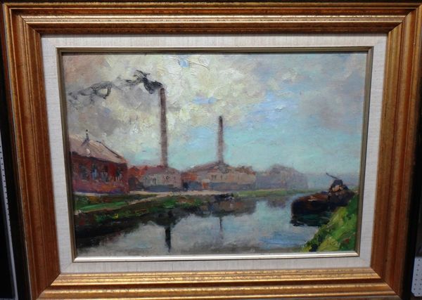 A group of three 20th century oils, including a river scene with factories, a market scene signed G. Cornil, and a cottage scene by M. Salettes.(3)
