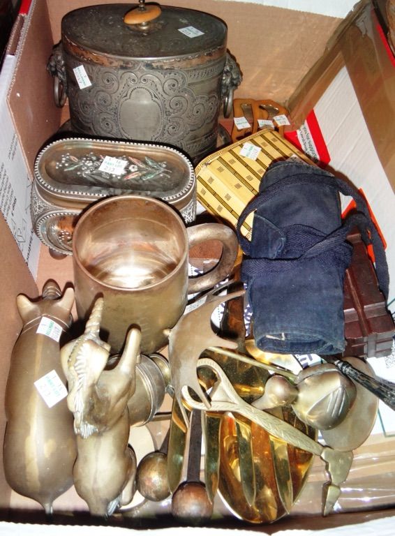 A quantity of metalware collectables, including a silver plated biscuit barrel, brass models, a Victorian trinket box and sundry.
