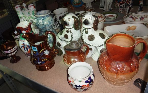 A quantity of ceramics, including a double gourd shape blue and white faience pottery vase, Staffordshire spaniels, lustre jugs and sundry.