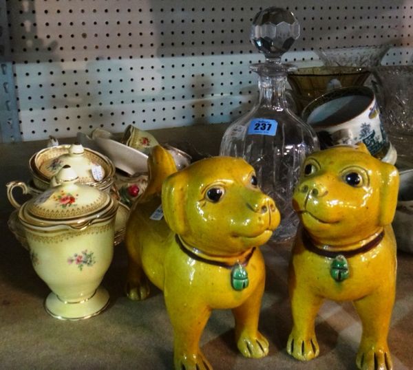 A quantity of ceramics, including two yellow glaze Oriental dogs, a glass decanter, a Crown Staffordshire part tea set and sundry.