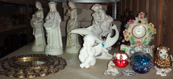 A quantity of ceramics and collectables, including glass paperweights, white glaze figures and sundry.