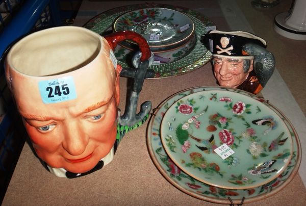 A quantity of ceramics, including Oriental plates, Crown Devon 'Churchill' jug and a Royal Doulton character jug.