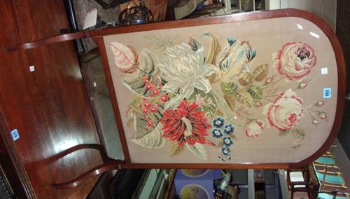 A mahogany framed fire screen, with tapestry panel and a copper warming pan.