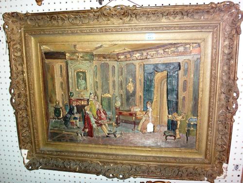 A polychrome painted wood and gesso high relief picture, 'Her First Recital' in a gilt gesso frame, 85cm x 64cm.