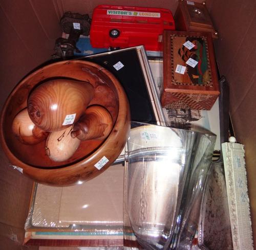 A quantity of collectables, including a gilt metal mantel clock, faux wooden fruit, a silver dressing table mirror and sundry.