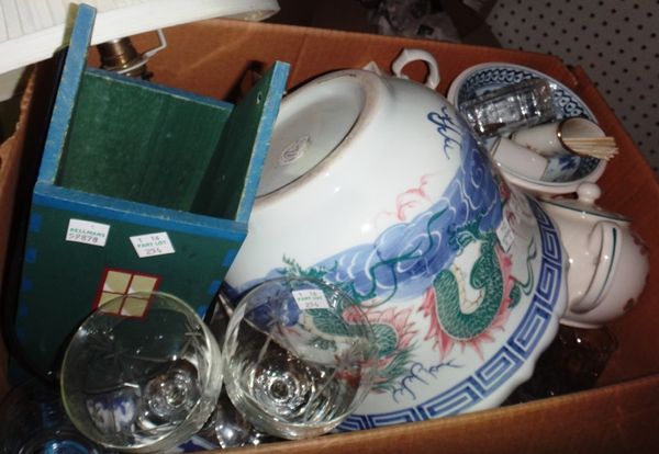 A quantity of mixed ceramics and glass, including 20th century Oriental jardinieres, drinking glasses and sundry.