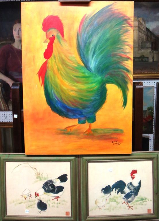 Jaynet Lindsey (20th century), Cockerel, oil on canvas, signed, together with two Oriental prints of poultry.(3)