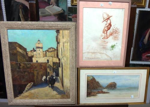 English School (20th century), North African street scene, oil on canvas; together with a watercolour of a coastal scene signed Gibson, an etching of