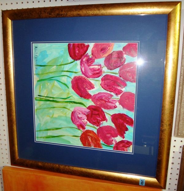 A group of assorted pictures and prints, including a gouache, tulips, by 'Anna Blatman', a signed reproduction by Christopher Cole, an interior after