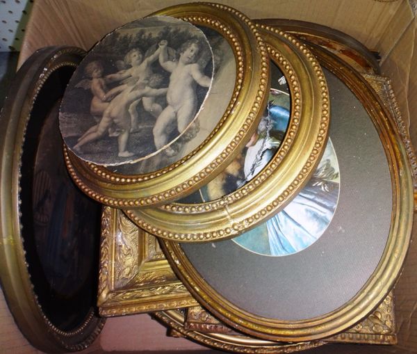 A quantity of assorted pictures and prints in oval and rectangular gilt frames.
