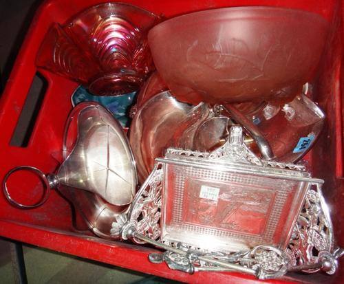 A group of ceramics and silver plated items, including carnival glass, Bunnykins and sundry.